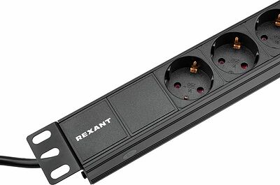 REXANT 04-0305-1 Блок распределения питания для 19 quot; шкафов, горизонтальный, 9 розеток СЕЕ 7/4, 10A, без выкл, алюм корп, шнур 2м, вилка C14 REXANT
