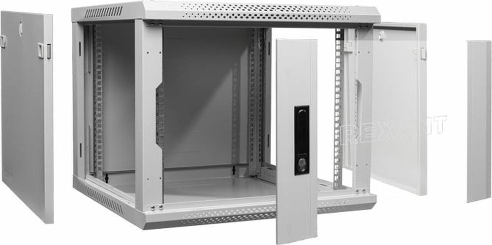 REXANT 04-1266-111 Настенный шкаф 19 quot; 12U 600×600×635 (ШxГxВ), дверь стекло, металлическая задняя стенка, боковые съемные стенки, RAL 7035 REXANT