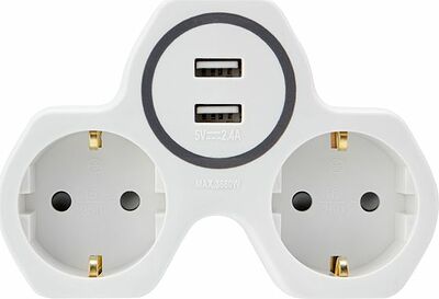 REXANT 11-1089 Двойник электрический 16А с/з и защитными шторками + 2 USB порта, 2,4 А, белый REXANT 