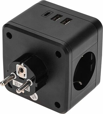 REXANT 11-1252 Двойник электрический Куб 16А с/з + 2хUSB-A 2,4А + USB Type-C 3А с ночной подсветкой, черный REXANT