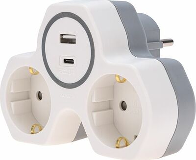 REXANT 11-1253 Двойник электрический (разветвитель) 16А с/з + USB-A + USB-C с защитными шторками, белый REXANT
