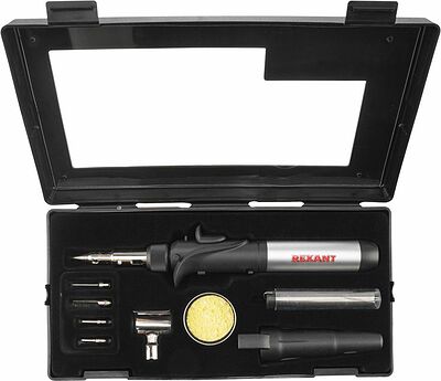 REXANT 12-0505 Паяльник-горелка с пьезоподжигом, газовый, 17мл, 6 насадок + припой + губка, коробка REXANT